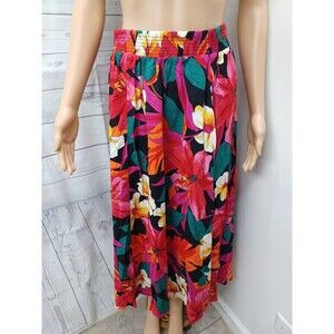 Vtg Tumbleweeds Floral Pink Black Skirt Women Elastic Waist Midi Rayon Boho XL